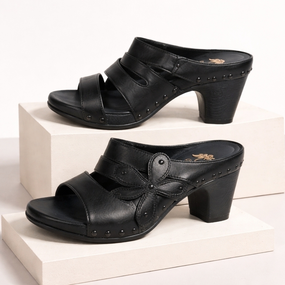 Dansko Nigella Black Leather Mule Sandal Sz 37 Studded Floral Clog Heel